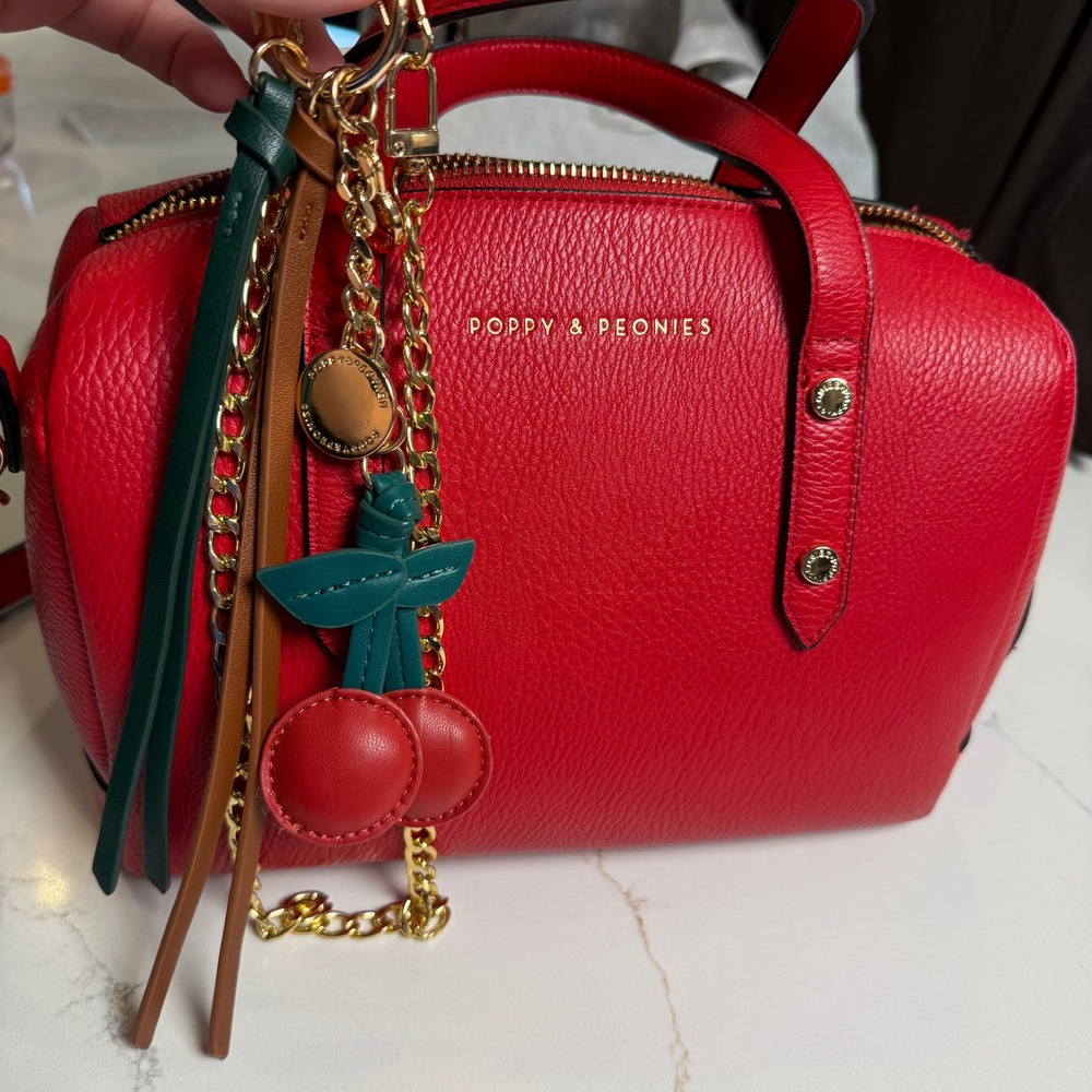 Poppy & Peonies Red Vegan Leather Satchel Crossbody Bag Cherry Charm